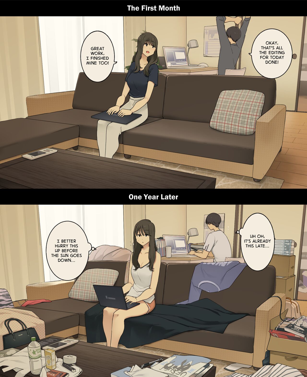 Dousei Seikatsu Ikkagetsume to Ichinen Ato, Asaokite kara Shuushin made no Hikaku | A Day in the Life of a Couple: Their First Month Living Together vs. One Year Later page 11 full