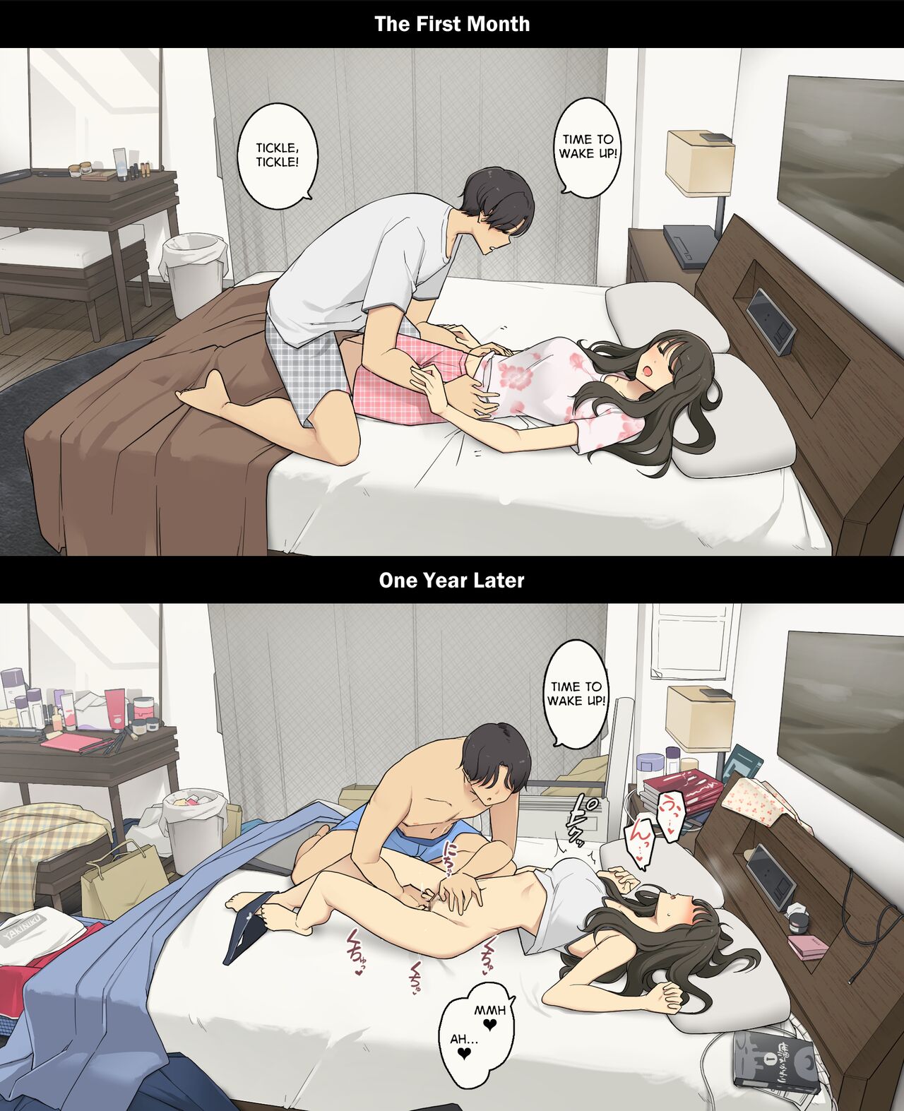 Dousei Seikatsu Ikkagetsume to Ichinen Ato, Asaokite kara Shuushin made no Hikaku | A Day in the Life of a Couple: Their First Month Living Together vs. One Year Later page 2 full