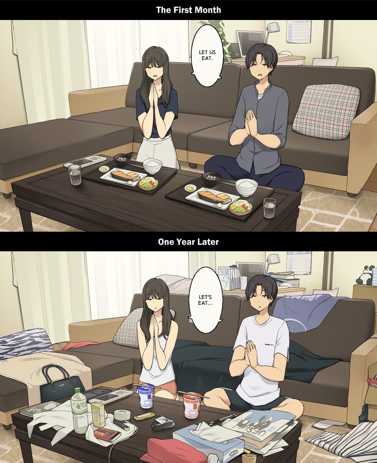 Dousei Seikatsu Ikkagetsume to Ichinen Ato, Asaokite kara Shuushin made no Hikaku | A Day in the Life of a Couple: Their First Month Living Together vs. One Year Later page 7 full
